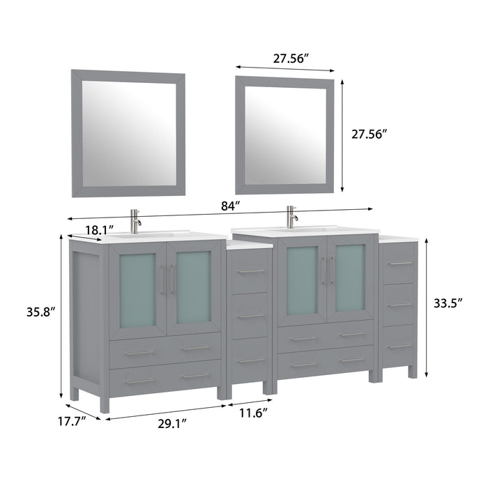 84" Double Sink Modern Bathroom Vanity Set with White Ceramic Top & Free Mirrors – Large Storage Cabinet with 10 Drawers VA3030-84
