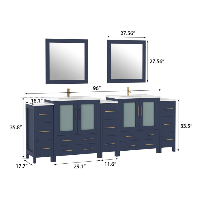 96" Double Sink Modern Bathroom Vanity Set with White Ceramic Top & Free Mirrors – Large Storage Cabinet with 13 Drawers VA3030-96