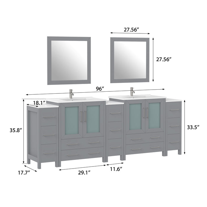96" Double Sink Modern Bathroom Vanity Set with White Ceramic Top & Free Mirrors – Large Storage Cabinet with 13 Drawers VA3030-96
