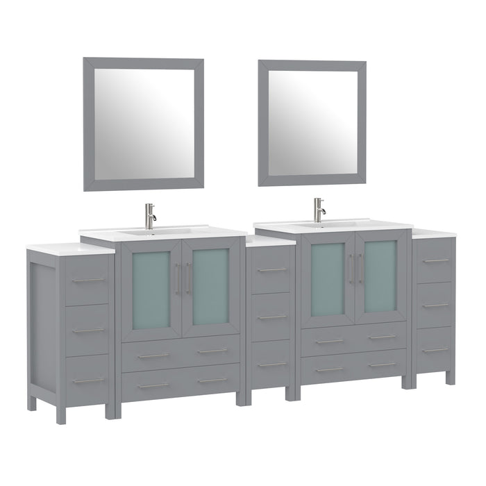 96" Double Sink Modern Bathroom Vanity Set with White Ceramic Top & Free Mirrors – Large Storage Cabinet with 13 Drawers VA3030-96