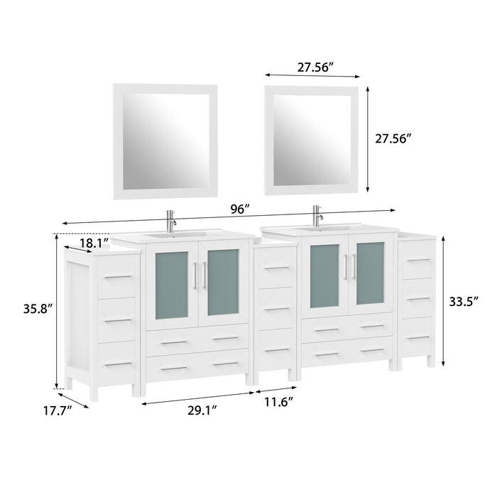 96" Double Sink Modern Bathroom Vanity Set with White Ceramic Top & Free Mirrors – Large Storage Cabinet with 13 Drawers VA3030-96