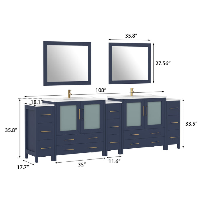 108" Double Sink Modern Bathroom Vanity Set with Ceramic Top & Two Free Mirrors – Large Storage Cabinet with 13 Drawers VA3036-108