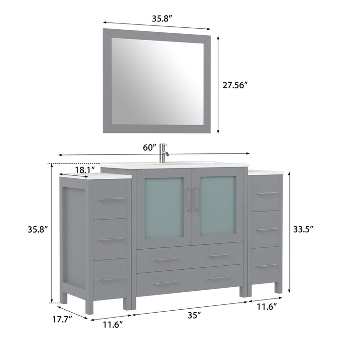60" Single Sink Modern Bathroom Vanity Set with Ceramic Top & Free Mirror – Large Storage Cabinet with 8 Drawers VA3036-60