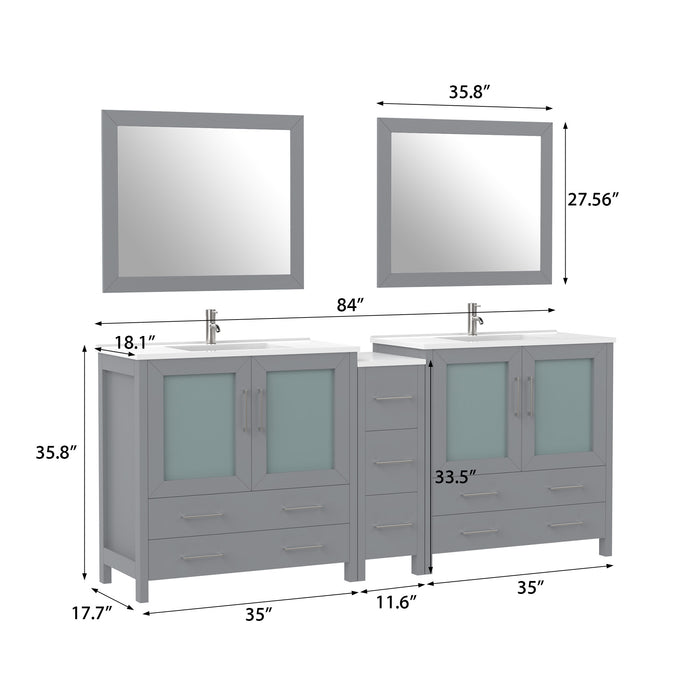 84" Double Sink Modern Bathroom Vanity Set with Ceramic Top & Free Mirrors – Large Storage Cabinet with 7 Drawers VA3036-84