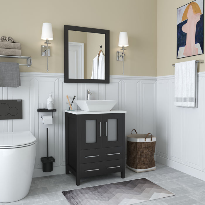 Ravenna 24" Single Sink Bathroom Vanity Combo Set, 2-Drawers, Single Shelf, Single Cabinet White Engineered Marble Top and Ceramic Vessel Sink Bathroom Cabinet with Mirror