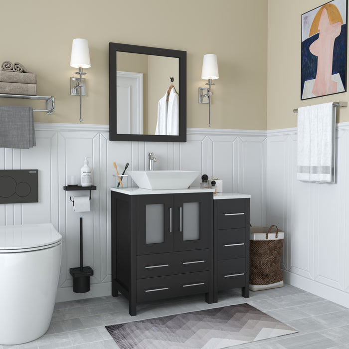 Ravenna 36" Single Sink Bathroom Vanity Combo Set, 5 Drawers 1 Shelf 2 Cabinet White Engineered Marble Top with Free Mirror