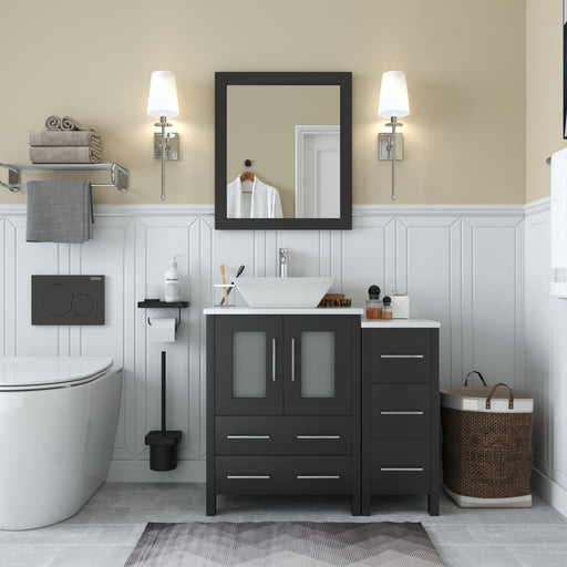 Ravenna 36-inch espresso single sink bathroom vanity combo with vessel sink, 5 drawers, side cabinet, and framed mirror, full front view