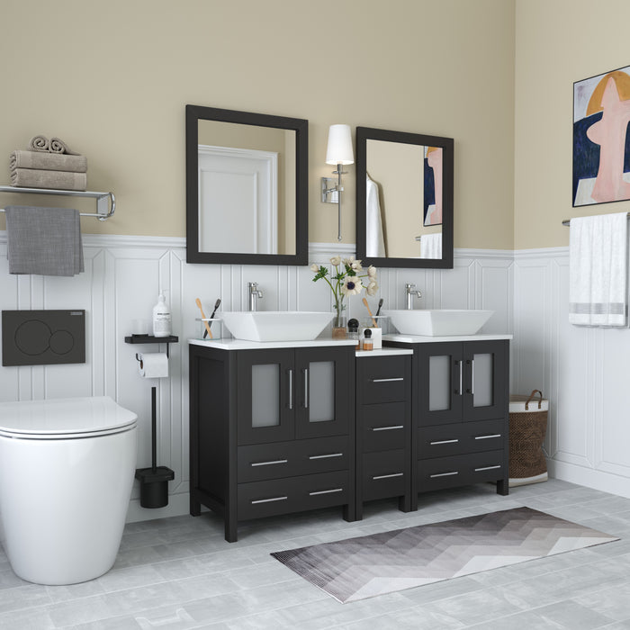 Ravenna 60" Double Sink Bathroom Vanity Combo Set, 7 Drawers 2 Shelves 3 Cabinets White Engineered Marble Top and Ceramic Vessel Sink Bathroom Cabinet with Free Mirrors