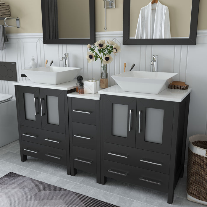 Ravenna 60" Double Sink Bathroom Vanity Combo Set, 7 Drawers 2 Shelves 3 Cabinets White Engineered Marble Top and Ceramic Vessel Sink Bathroom Cabinet with Free Mirrors