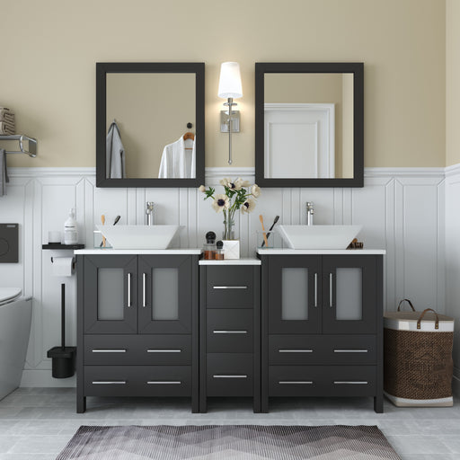 Ravenna 60-inch espresso double sink bathroom vanity set with vessel sinks, 3 cabinets, 7 drawers, and two framed mirrors