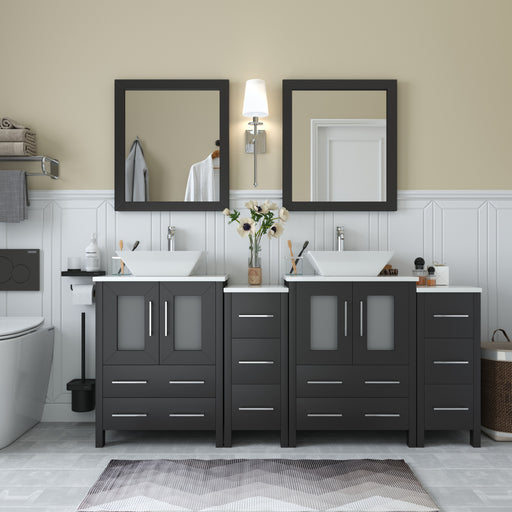 Ravenna 72-inch espresso double sink bathroom vanity combo with vessel sinks, 10 drawers, mirrors, front view