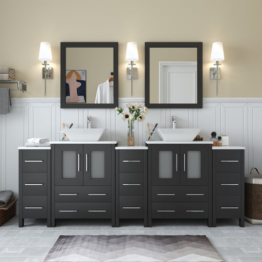 Ravenna 84-inch espresso double vessel sink bathroom vanity with framed mirrors and chrome wall sconces, front view
