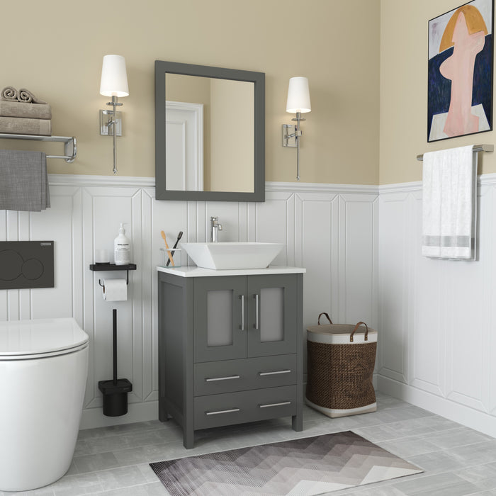 Ravenna 24" Single Sink Bathroom Vanity Combo Set, 2-Drawers, Single Shelf, Single Cabinet White Engineered Marble Top and Ceramic Vessel Sink Bathroom Cabinet with Mirror