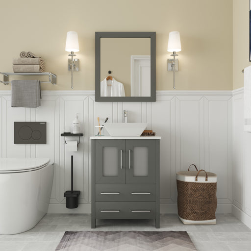 Ravenna 24-inch gray bathroom vanity with vessel sink, framed mirror, and wall sconces in neutral bathroom setting