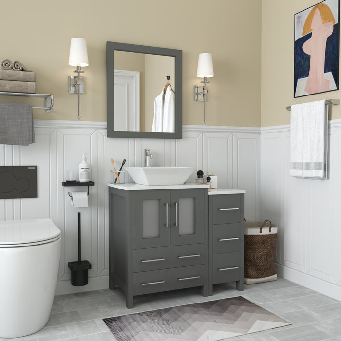 Ravenna 36" Single Sink Bathroom Vanity Combo Set, 5 Drawers 1 Shelf 2 Cabinet White Engineered Marble Top with Free Mirror