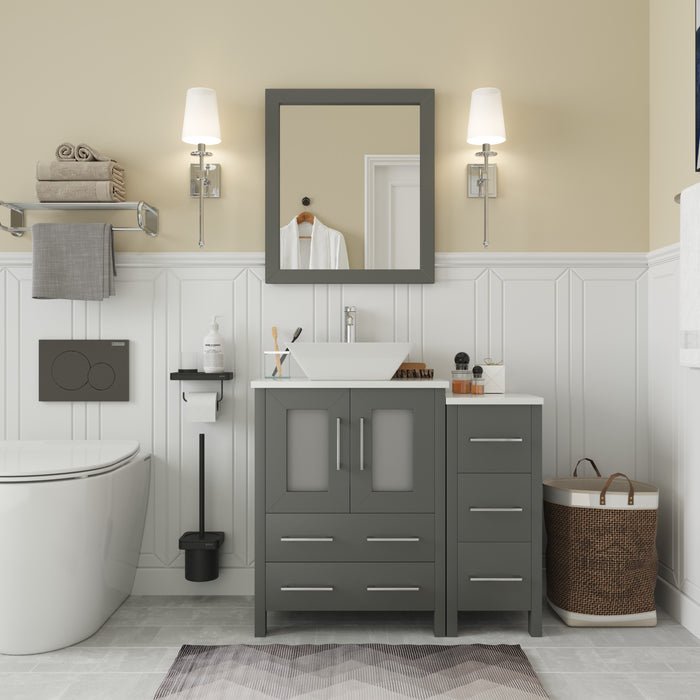 Ravenna 36" Single Sink Bathroom Vanity Combo Set, 5 Drawers 1 Shelf 2 Cabinet White Engineered Marble Top with Free Mirror