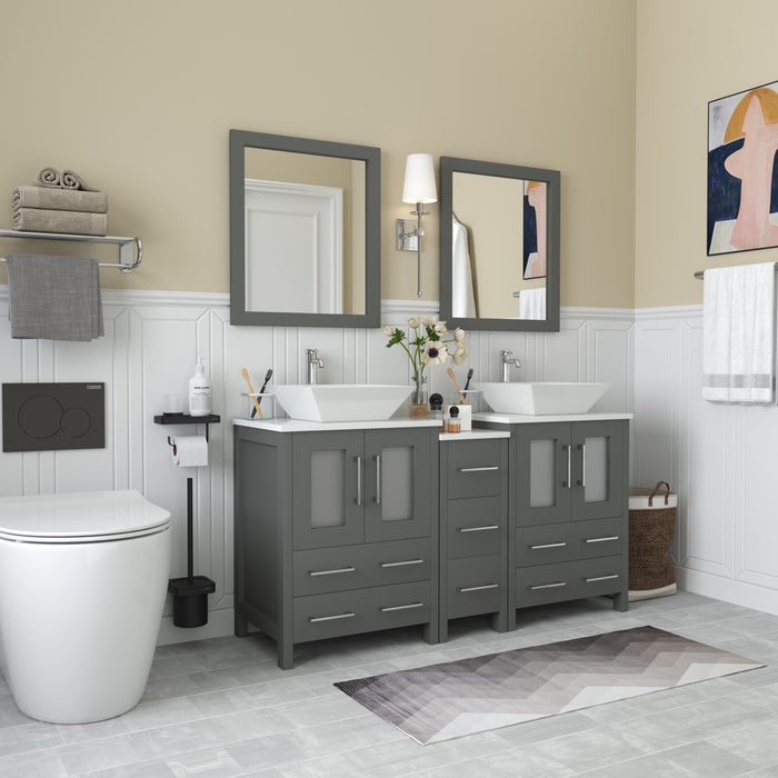 Ravenna 60" Double Sink Bathroom Vanity Combo Set, 7 Drawers 2 Shelves 3 Cabinets White Engineered Marble Top and Ceramic Vessel Sink Bathroom Cabinet with Free Mirrors