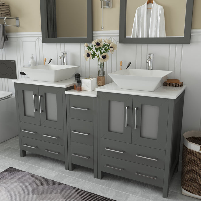Ravenna 60" Double Sink Bathroom Vanity Combo Set, 7 Drawers 2 Shelves 3 Cabinets White Engineered Marble Top and Ceramic Vessel Sink Bathroom Cabinet with Free Mirrors