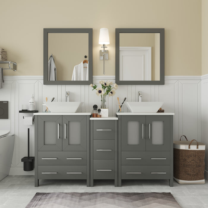 Ravenna 60" Double Sink Bathroom Vanity Combo Set, 7 Drawers 2 Shelves 3 Cabinets White Engineered Marble Top and Ceramic Vessel Sink Bathroom Cabinet with Free Mirrors