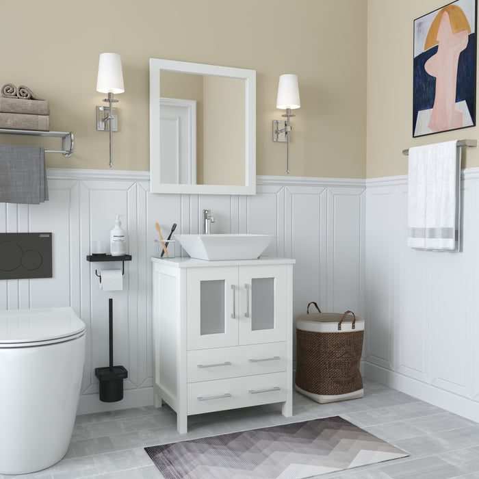 Ravenna 24" Single Sink Bathroom Vanity Combo Set, 2-Drawers, Single Shelf, Single Cabinet White Engineered Marble Top and Ceramic Vessel Sink Bathroom Cabinet with Mirror