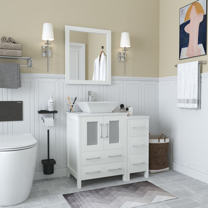 Ravenna 36" Single Sink Bathroom Vanity Combo Set, 5 Drawers 1 Shelf 2 Cabinet White Engineered Marble Top with Free Mirror