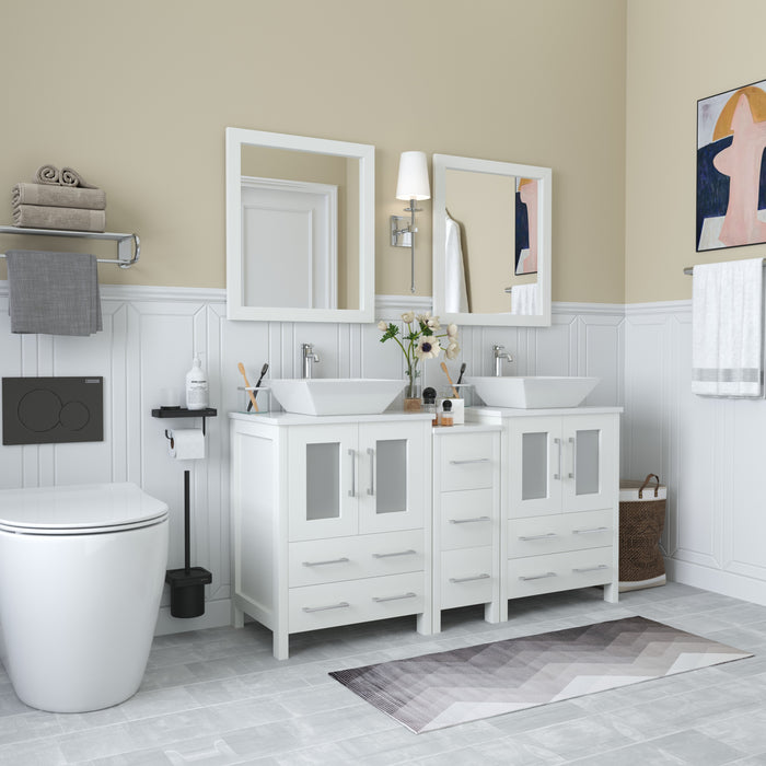 Ravenna 60" Double Sink Bathroom Vanity Combo Set, 7 Drawers 2 Shelves 3 Cabinets White Engineered Marble Top and Ceramic Vessel Sink Bathroom Cabinet with Free Mirrors