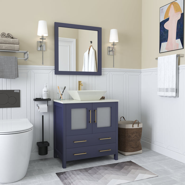 Ravenna 30" Single Sink Small Bathroom Vanity Set, 2 Drawers 1 Shelf Engineered Marble Top and Ceramic Vessel Sink Bathroom Cabinet with Mirror