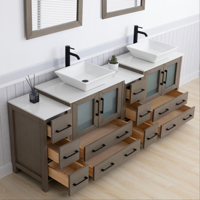 Ravenna 84" Double Sink Bathroom Vanity Combo Set, 10-Drawers, 2-Shelves, 4 Cabinet Engineered Marble Top and Ceramic Sink Bathroom Cabinet with Mirrors