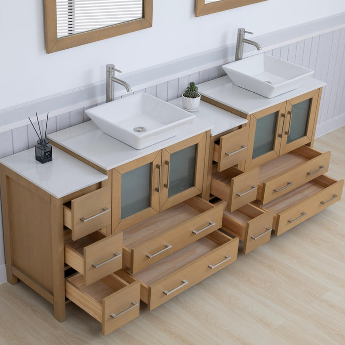 Ravenna 84" Double Sink Bathroom Vanity Combo Set, 10-Drawers, 2-Shelves, 4 Cabinet Engineered Marble Top and Ceramic Sink Bathroom Cabinet with Mirrors
