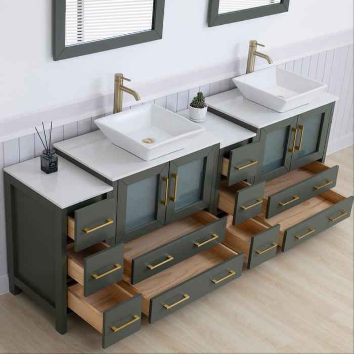 Ravenna 84" Double Sink Bathroom Vanity Combo Set, 10-Drawers, 2-Shelves, 4 Cabinet Engineered Marble Top and Ceramic Sink Bathroom Cabinet with Mirrors