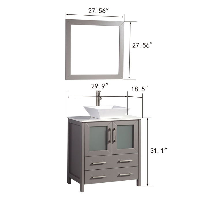 Ravenna 30" Single Sink Small Bathroom Vanity Set, 2 Drawers 1 Shelf Engineered Marble Top and Ceramic Vessel Sink Bathroom Cabinet with Mirror
