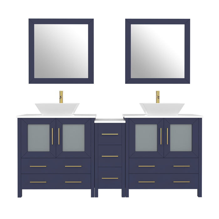 72" Double Sink Modern Bathroom Vanity Set with White Engineered Marble Top, Ceramic Vessel Sinks & Free Mirrors – Large Storage Cabinet with 7 Drawers VA3130-72