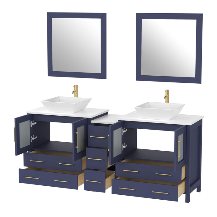 72" Double Sink Modern Bathroom Vanity Set with White Engineered Marble Top, Ceramic Vessel Sinks & Free Mirrors – Large Storage Cabinet with 7 Drawers VA3130-72