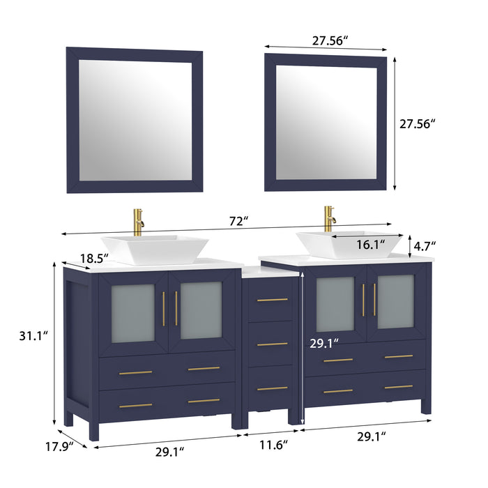 72" Double Sink Modern Bathroom Vanity Set with White Engineered Marble Top, Ceramic Vessel Sinks & Free Mirrors – Large Storage Cabinet with 7 Drawers VA3130-72