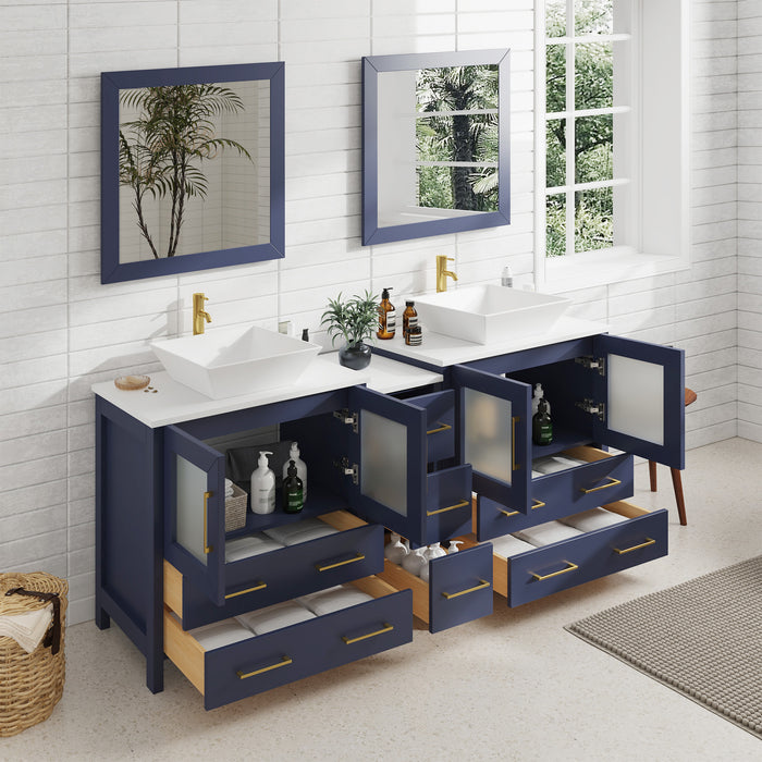 72" Double Sink Modern Bathroom Vanity Set with White Engineered Marble Top, Ceramic Vessel Sinks & Free Mirrors – Large Storage Cabinet with 7 Drawers VA3130-72
