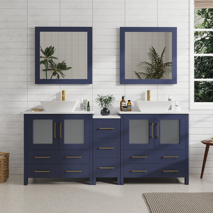 72" Double Sink Modern Bathroom Vanity Set with White Engineered Marble Top, Ceramic Vessel Sinks & Free Mirrors – Large Storage Cabinet with 7 Drawers VA3130-72