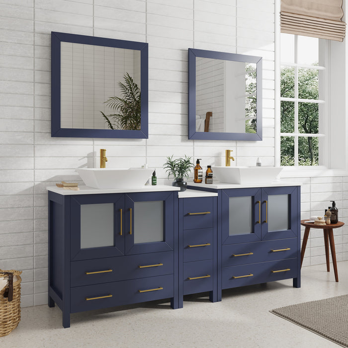 72" Double Sink Modern Bathroom Vanity Set with White Engineered Marble Top, Ceramic Vessel Sinks & Free Mirrors – Large Storage Cabinet with 7 Drawers VA3130-72