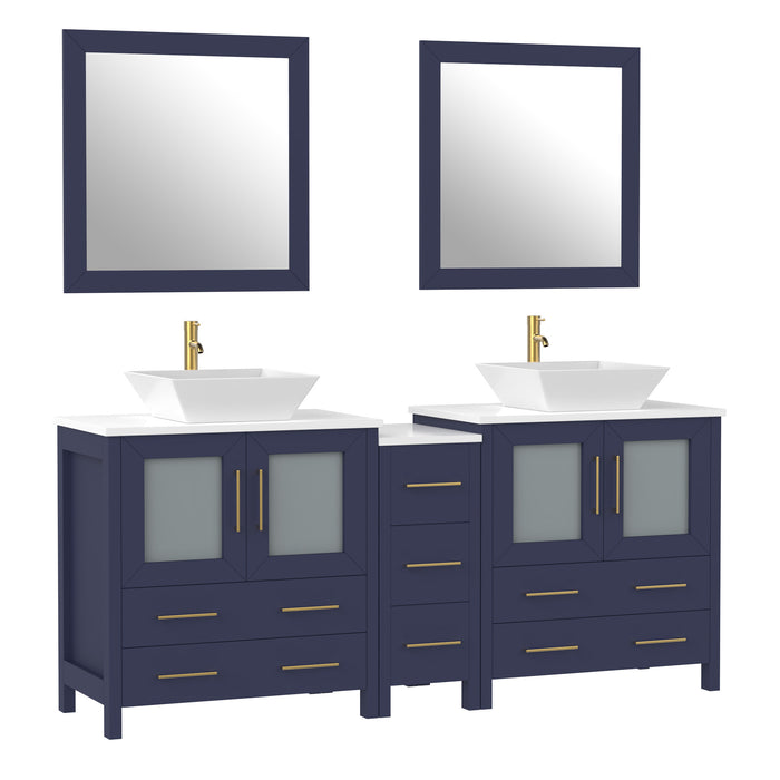 72" Double Sink Modern Bathroom Vanity Set with White Engineered Marble Top, Ceramic Vessel Sinks & Free Mirrors – Large Storage Cabinet with 7 Drawers VA3130-72