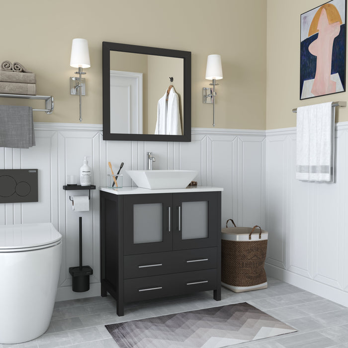 Ravenna 30" Single Sink Small Bathroom Vanity Set, 2 Drawers 1 Shelf Engineered Marble Top and Ceramic Vessel Sink Bathroom Cabinet with Mirror