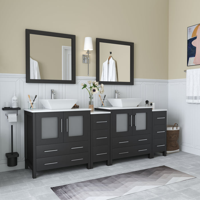 Ravenna 84" Double Sink Bathroom Vanity Combo Set, 10-Drawers, 2-Shelves, 4 Cabinet Engineered Marble Top and Ceramic Sink Bathroom Cabinet with Mirrors