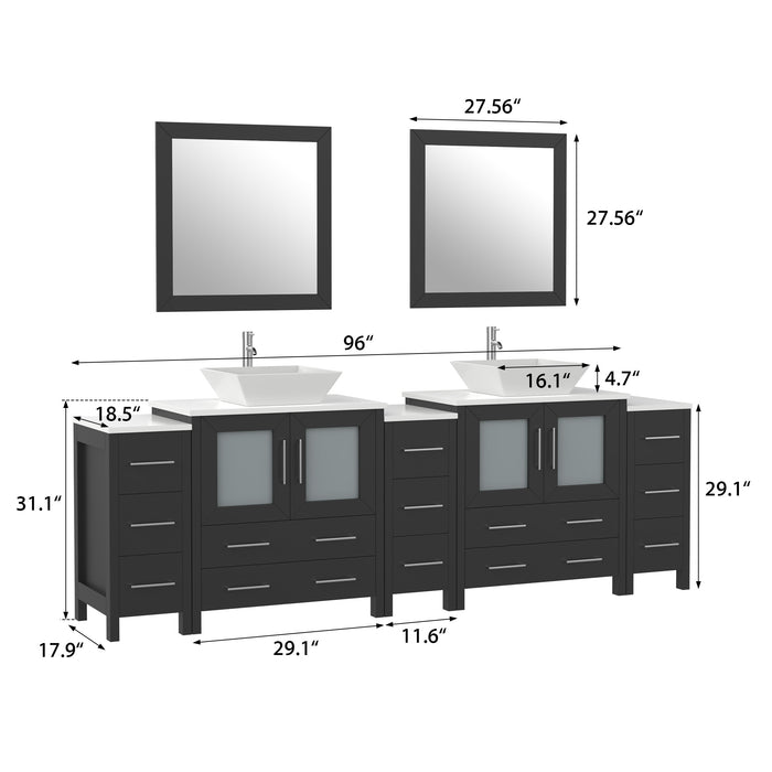 96" Double Sink Modern Bathroom Vanity Set with Engineered Marble Top, Ceramic Vessel Sinks & Free Mirrors – Large Storage Cabinet with 13 Drawers VA3130-96