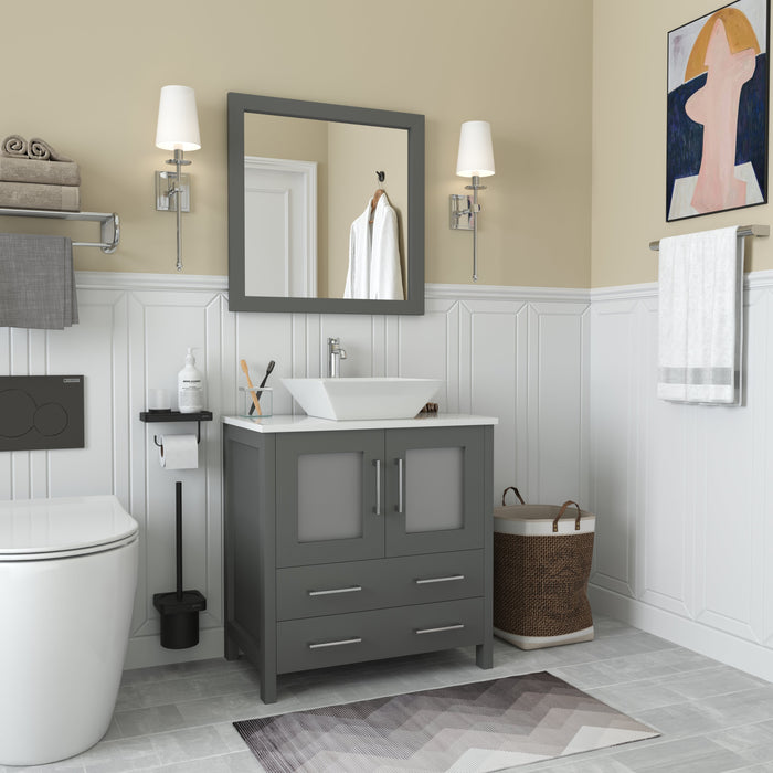 Ravenna 30" Single Sink Small Bathroom Vanity Set, 2 Drawers 1 Shelf Engineered Marble Top and Ceramic Vessel Sink Bathroom Cabinet with Mirror