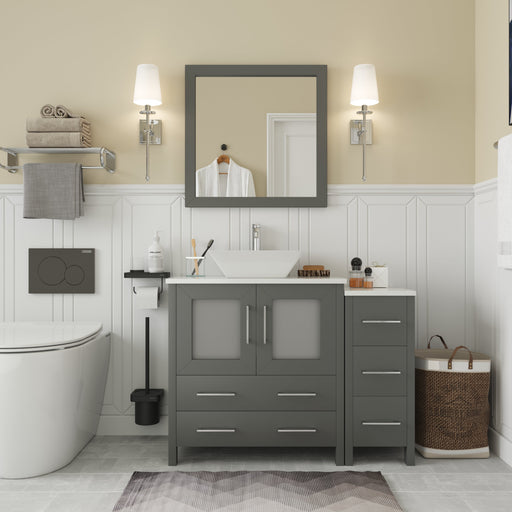 Ravenna 42-inch gray bathroom vanity combo with vessel sink, frosted glass doors, side cabinet, and mirror in full room setting
