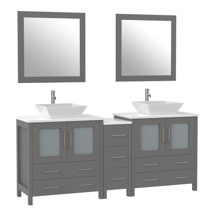 72" Double Sink Modern Bathroom Vanity Set with White Engineered Marble Top, Ceramic Vessel Sinks & Free Mirrors – Large Storage Cabinet with 7 Drawers VA3130-72