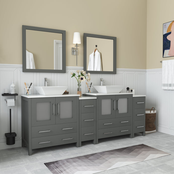 Ravenna 84" Double Sink Bathroom Vanity Combo Set, 10-Drawers, 2-Shelves, 4 Cabinet Engineered Marble Top and Ceramic Sink Bathroom Cabinet with Mirrors