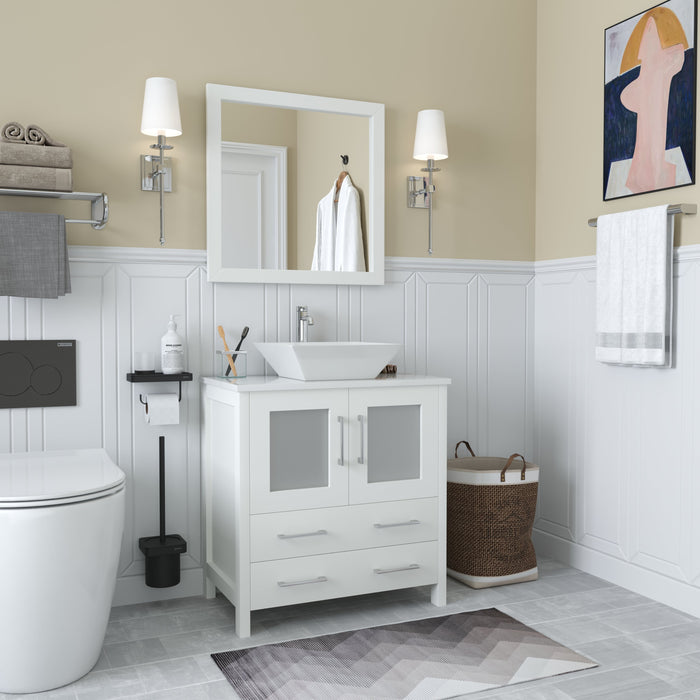 Ravenna 30" Single Sink Small Bathroom Vanity Set, 2 Drawers 1 Shelf Engineered Marble Top and Ceramic Vessel Sink Bathroom Cabinet with Mirror