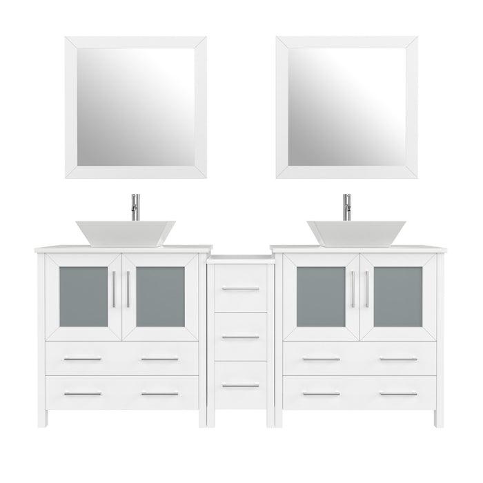 72" Double Sink Modern Bathroom Vanity Set with White Engineered Marble Top, Ceramic Vessel Sinks & Free Mirrors – Large Storage Cabinet with 7 Drawers VA3130-72