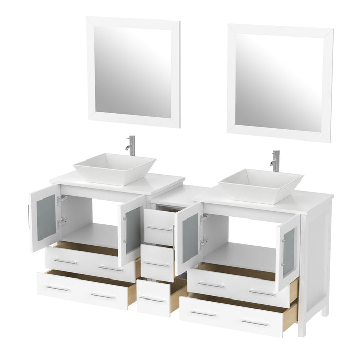 72" Double Sink Modern Bathroom Vanity Set with White Engineered Marble Top, Ceramic Vessel Sinks & Free Mirrors – Large Storage Cabinet with 7 Drawers VA3130-72