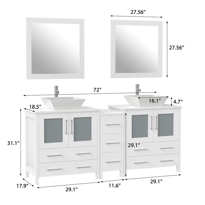 72" Double Sink Modern Bathroom Vanity Set with White Engineered Marble Top, Ceramic Vessel Sinks & Free Mirrors – Large Storage Cabinet with 7 Drawers VA3130-72