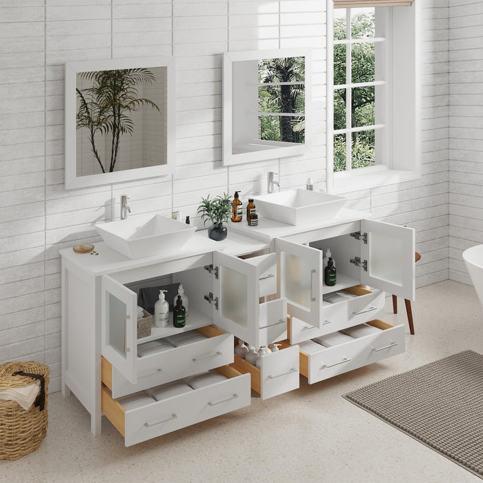 72" Double Sink Modern Bathroom Vanity Set with White Engineered Marble Top, Ceramic Vessel Sinks & Free Mirrors – Large Storage Cabinet with 7 Drawers VA3130-72